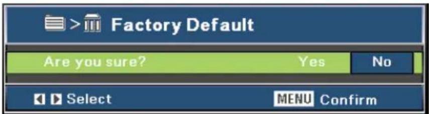 > Factory Default Are you sure? Yes No Select MENU Confirm