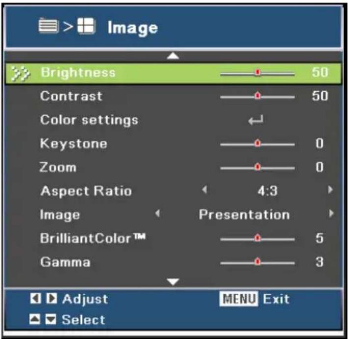 Image Brightness 50 Contrast 50 Color settings Keystone 0 Zoom 0 Aspect Ratio 4:3 Image Presentation BrilliantColor™ 5 Gamma 3 Adjust MENU Exit Select