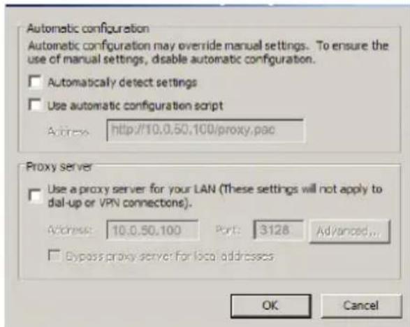 Automatic configuration Automatic configuration may override manual settings. To ensure the use of manual settings, disable automatic configuration. □ Automatically detect settings □ Use automatic configuration script Address: http://10.0.50.100/proxy.pac Proxy server □ Use a proxy server for your LAN (These settings will not apply to dial-up or VPN connections). Address: 10.0.50.100 Port: 3128 Advanced... □ Bypass proxy server for local addresses OK Cancel