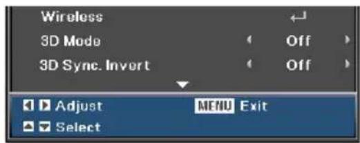 Wireless 3D Mode Off 3D Sync. Invert Off Adjust MENU Exit Select
