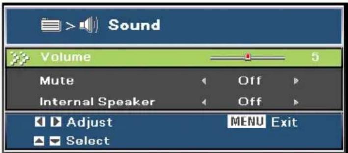 Sound Volume 5 Mute Off Internal Speaker Off Adjust MENU Exit Select