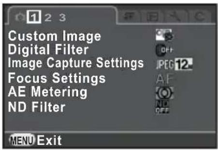 Custom Image Digital Filter Image Capture Settings Focus Settings AE Metering ND Filter MENU Exit