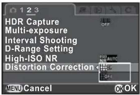 123 HDR Capture Multi-exposure Interval Shooting D-Range Setting High-ISO NR Distortion Correction MENU Cancel OK OK