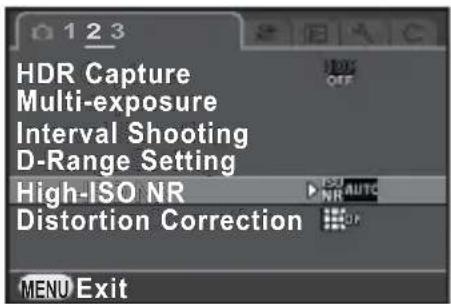 1 2 3 HDR Capture Multi-exposure Interval Shooting D-Range Setting High-ISO NR Distortion Correction MENU Exit