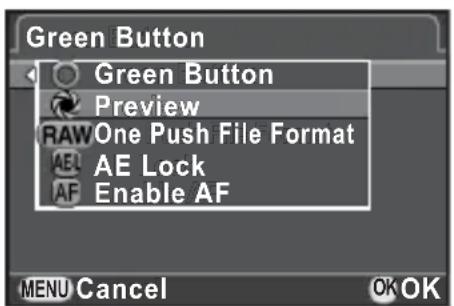 Green Button Green Button Preview RAW One Push File Format AE Lock AF Enable AF MENU Cancel OK OK
