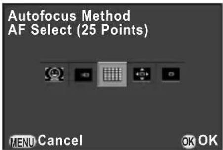 Autofocus Method AF Select (25 Points) MENU Cancel OK OK