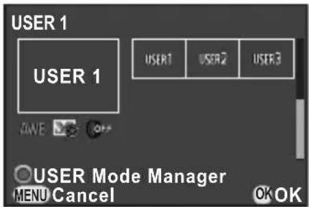 USER 1 USER 1 SAVE OFF USER Mode Manager MENU Cancel OK OK