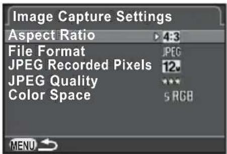 Image Capture Settings Aspect Ratio 4:3 File Format JPEG JPEG Recorded Pixels 12 JPEG Quality *** Color Space 5 RGB MENU