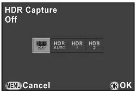 HDR Capture Off HDR AUTO HDR 1 HDR 2 MENU Cancel OK OK