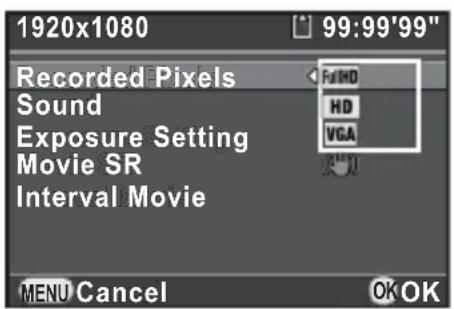 1920x1080 99:99'99" Recorded Pixels Sound Exposure Setting Movie SR Interval Movie FIHD HD VGA MENU Cancel OK OK