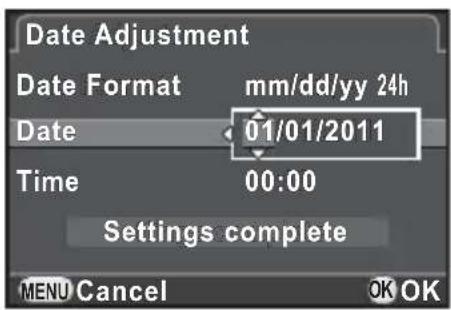 Date Adjustment Date Format mm/dd/yy 24h Date 01/01/2011 Time 00:00 Settings complete MENU Cancel OK OK