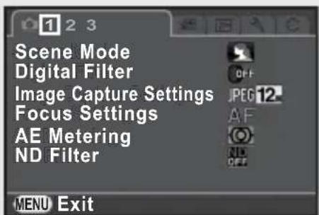 Scene Mode Digital Filter Image Capture Settings Focus Settings AE Metering ND Filter OFF JPEG 12 AF ND OFF MENU Exit