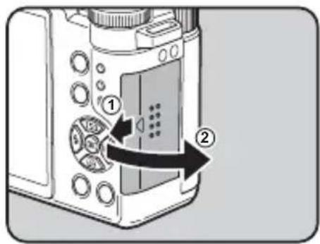 Diagram of a digital camera with labeled parts and directional arrows indicating movement or operation.