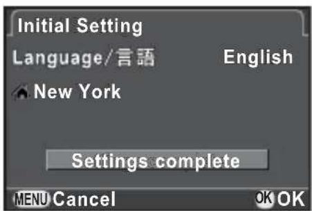 Initial Setting Language/言語 English New York Settings complete MENU Cancel OK OK