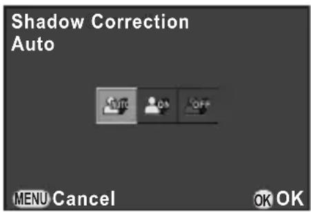 Shadow Correction Auto AUTO ON OFF MENU Cancel OK OK