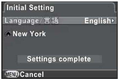 Initial Setting Language/言语 English New York Settings complete MENU Cancel