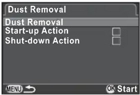 Dust Removal Dust Removal Start-up Action Shut-down Action MENU OK Start