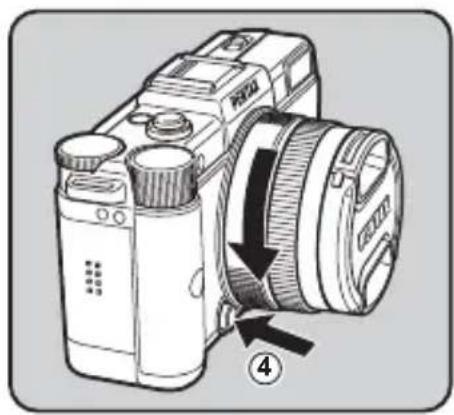 Diagram of a DSLR camera with labeled parts and directional arrow indicating rotation or adjustment