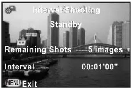 Interval Shooting Standby Remaining Shots --- 5 images Interval 00:01'00" MENU Exit