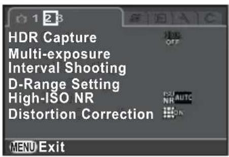 HDR Capture Multi-exposure Interval Shooting D-Range Setting High-ISO NR Distortion Correction MENU Exit