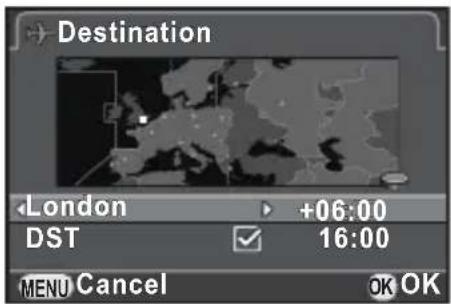 Destination London +06:00 DST 16:00 MENU Cancel OK OK