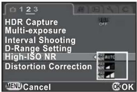HDR Capture Multi-exposure Interval Shooting D-Range Setting High-ISO NR Distortion Correction AUTO NR ISO NR NR NR MENU Cancel OK OK