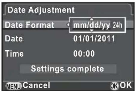 Date Adjustment Date Format mm/dd/yy 24h Date 01/01/2011 Time 00:00 Settings complete MENU Cancel OK OK
