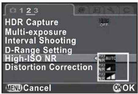 HDR Capture Multi-exposure Interval Shooting D-Range Setting High-ISO NR Distortion Correction MENU Cancel OK OK