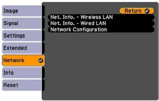 Image Signal Settings Extended Network Info Reset Net. Info. - Wireless LAN Net. Info. - Wired LAN Network Configuration Return