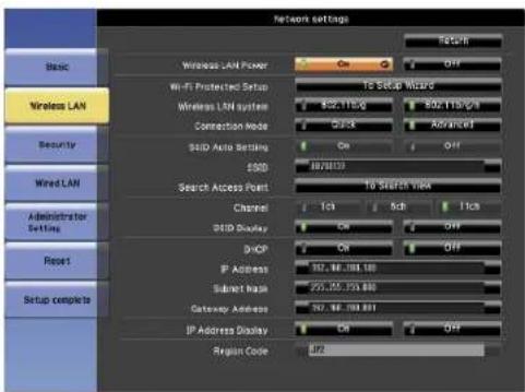 Network settings Basic Wireless LAN Security Wired LAN Administrator Setting Reset Setup complete Wireless LAN Power On Off Wireless LAN System To Setup Wizard Wireless LAN system $52, 110/8 $52, 110/24 Connection Node ON ADVANCED SDD Auto Setting On Off $500 INVM193 Search Access Point To Search View Channel 103 500 1100 SDD Display On Off DHCP On Off IP Access 367, 86, 188, 188 Submit basic 250, 127, 150, 888 Gateway Address 367, 86, 188, 888 IP Address Display On Off Region Code UF2