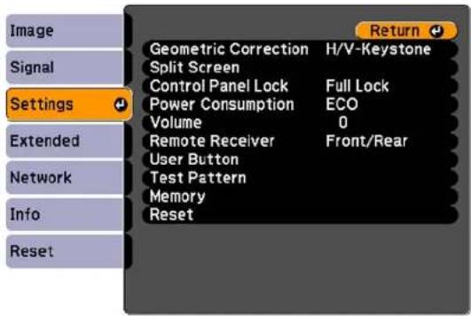 Image Signal Settings Extended Network Info Reset Geometric Correction H/V-Keystone Split Screen Control Panel Lock Full Lock Power Consumption ECO Volume 0 Remote Receiver Front/Rear User Button Test Pattern Memory Reset