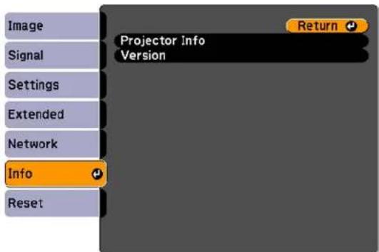 Image Signal Settings Extended Network Info Reset Projector Info Version Return