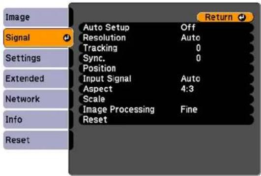 Image Signal Settings Extended Network Info Reset Auto Setup Off Resolution Auto Tracking 0 Sync. 0 Position Input Signal Auto Aspect 4:3 Scale Image Processing Fine Reset Return