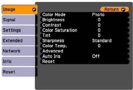 Image Signal Settings Extended Network Info Reset Color Mode Photo Brightness 0 Contrast 0 Color Saturation 0 Tint 0 Sharpness Standard Color Temp. 0 Advanced Auto Iris Off Reset Return