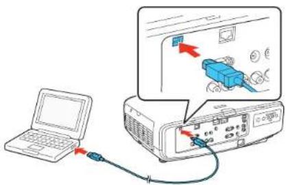 Diagram showing a laptop connected to an electronic device via cable, with a monitor displaying a blue connector and red arrows indicating connection points.