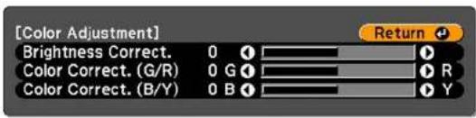 [Color Adjustment] Brightness Correct. 0 Color Correct. (G/R) 0 G Color Correct. (B/Y) 0 B Return R Y