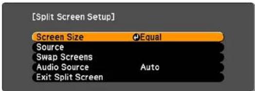 [Split Screen Setup] Screen Size ●Equal Source Swap Screens Audio Source Auto Exit Split Screen