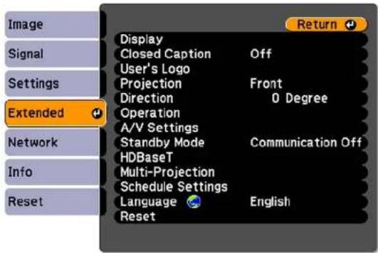 Image Signal Settings Extended Network Info Reset Display Closed Caption Off User's Logo Projection Front Direction 0 Degree Operation A/V Settings Standby Mode Communication Off HDBaseT Multi-Projection Schedule Settings Language English Reset