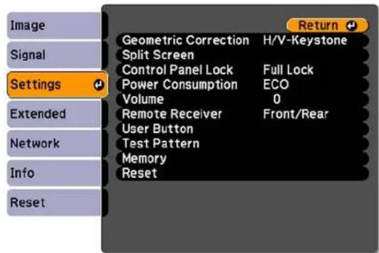 Image Signal Settings Extended Network Info Reset Geometric Correction H/V-Keystone Split Screen Control Panel Lock Full Lock Power Consumption ECO Volume 0 Remote Receiver Front/Rear User Button Test Pattern Memory Reset