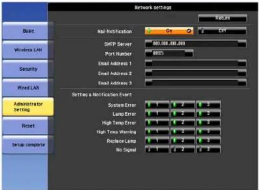 Network settings Return Mail Notification On CHT SMTP Server $60,000,000,000 Port Number $800 Email Address 1 Email Address 2 Email Address 3 Setting a Notification Event System Error 1 2 3 Lamp Error 1 2 3 High Temp Error 1 2 3 High Temp Warning 1 2 3 Replace Lamp 1 2 3 No Signal 1 2 3
