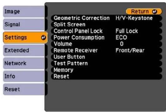 Image Signal Settings Extended Network Info Reset Geometric Correction H/V-Keystone Split Screen Control Panel Lock Full Lock Power Consumption ECO Volume 0 Remote Receiver Front/Rear User Button Test Pattern Memory Reset