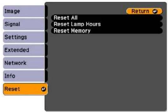 Image Signal Settings Extended Network Info Reset Reset All Reset Lamp Hours Reset Memory Return Reset