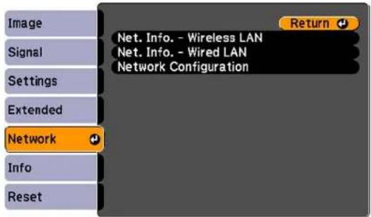 Image Signal Settings Extended Network Info Reset Net. Info. - Wireless LAN Net. Info. - Wired LAN Network Configuration Return