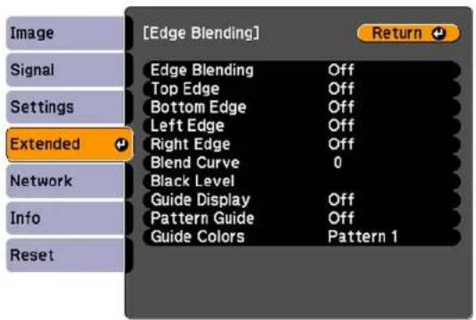 [Edge Blending] Return Edge Blending Off Top Edge Off Bottom Edge Off Left Edge Off Right Edge Off Blend Curve 0 Black Level Guide Display Off Pattern Guide Off Guide Colors Pattern 1