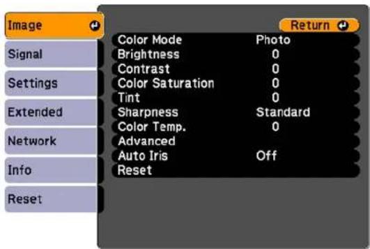 Image Signal Settings Extended Network Info Reset Color Mode Photo Brightness 0 Contrast 0 Color Saturation 0 Tint 0 Sharpness Standard Color Temp. 0 Advanced Auto Iris Off Reset Return