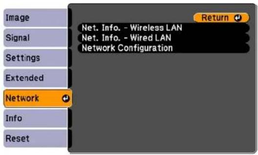 Image Signal Settings Extended Network Info Reset Return Net. Info. - Wireless LAN Net. Info. - Wired LAN Network Configuration