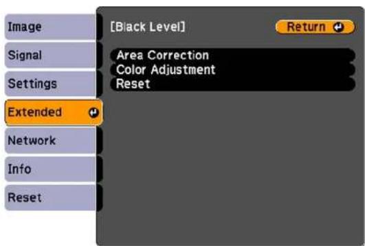 [Black Level] Return Signal Settings Area Correction Color Adjustment Reset Extended Network Info Reset