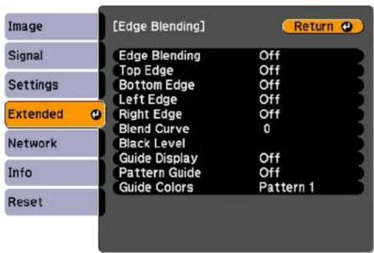 [Edge Blending] Return Edge Blending Off Top Edge Off Bottom Edge Off Left Edge Off Right Edge Off Blend Curve 0 Black Level Guide Display Off Pattern Guide Off Guide Colors Pattern 1