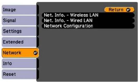 Image Signal Settings Extended Network Info Reset Net. Info. - Wireless LAN Net. Info. - Wired LAN Network Configuration Return