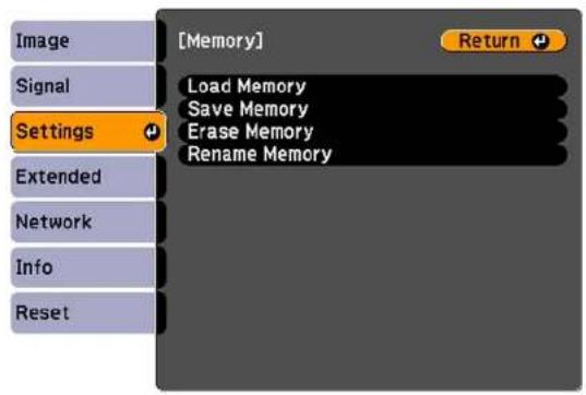 [Memory] Return Load Memory Save Memory Erase Memory Rename Memory Settings Extended Network Info Reset